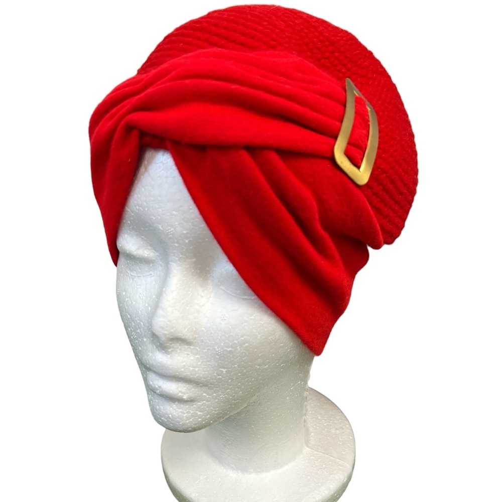 Everitt Red Woven Vintage Twisted Turban Head Wrap Buckle Embellished Hat